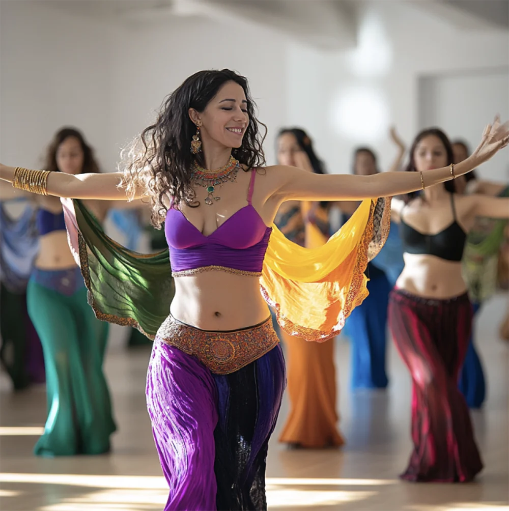 Belly dancer in blue costume teaching class in Central London