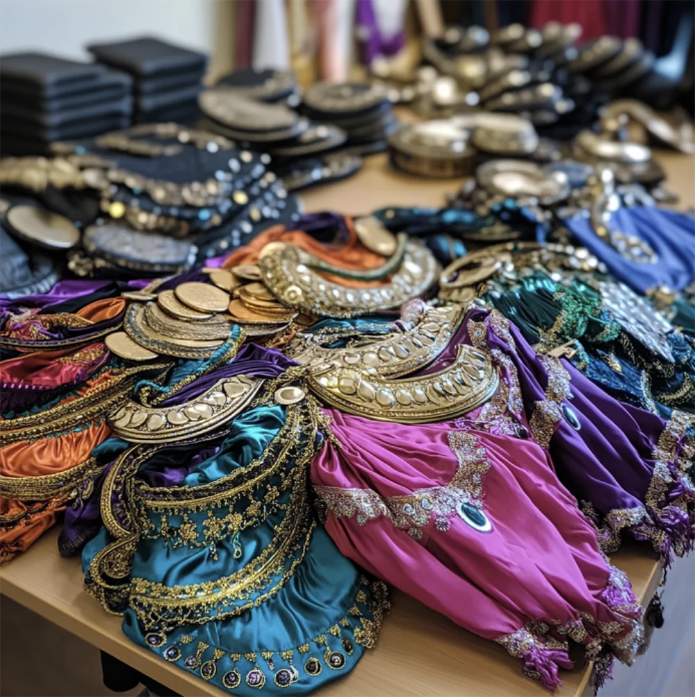 Variety of belly dancing costumes and props